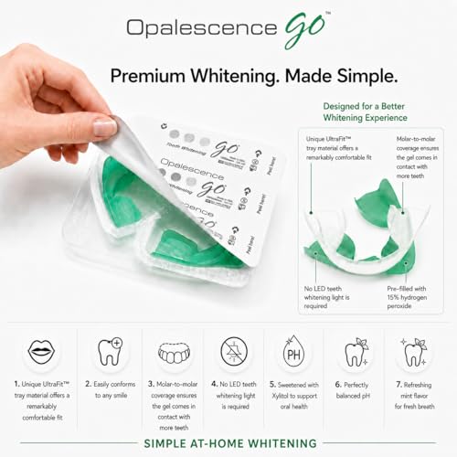 Image of Opalescence Go 15- Prefilled Teeth Whitening Trays Kit - 15% Hydrogen Peroxide - (10 Treatments) Dentist Recomended - Made by Ultradent Products. Teeth Whitening Kit -Mint - 5194-1