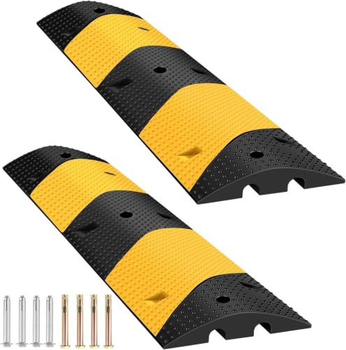 Reductores De Velocidad De Goma De Alta Resistencia (Paquete De 2) - Rampas De Entrada De 1 Metro con Protector De Cable De 2 Canales, Capacidad De 11344 Kg para Garajes, Estacionamientos,
