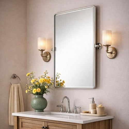 Image of Farmhouse Pivot Rectangle Bathroom Mirror Brushed Nickel Metal Framed Tilting Beveled Vanity Mirrors for Wall, Overall 27.91x 30 inches (Mirrror 24 x 30 inches)