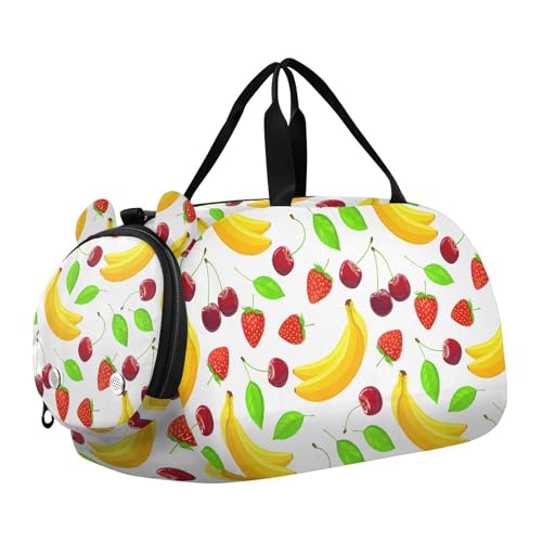 Strawberry Cherry Leaf White Kids Travel Duffel Bag for Boys Girls Overnight Weekend Tote Bag with Shoes Compartment for Sleepover Trip Beach