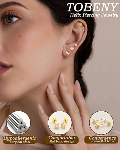 TOBENY Flat Back Earrings for Women Hypoallergenic Surgical Steel Stud Earrings Stacks for Sensitive Ears Small 6 Pairs 14K Gold Plated Tragus Cartilage Helix Piercing Jewelry for Multiple Piercing3