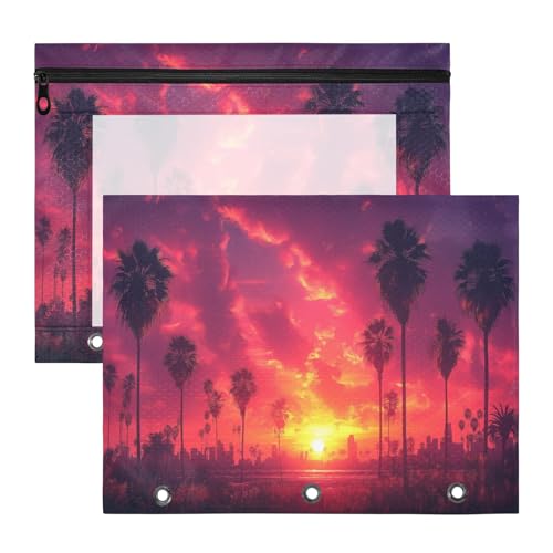 ATTX Pacote com 2 bolsas para fichário de palmeiras do pôr do sol - Bolsa impermeável com zíper com 3 anéis com janela transparente, acessórios de material de escritório para estojos de lápis e
