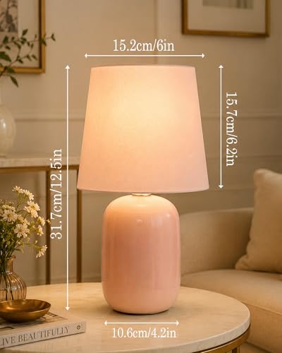 Image of Homesake Modern Small Ceramic Table Lamp, Classic Bedside Desk lamp for Living Room Bedroom, Farmhouse Nightstand Lamps with Pink Fabric Shade (Dovel Pink)