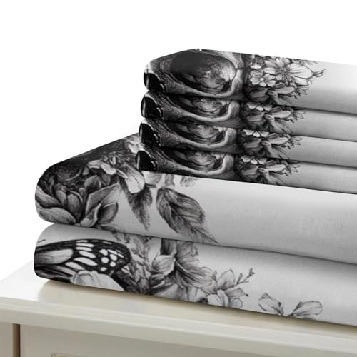 Parure de lit crâne et fleurs impression 3D microfibre de luxe