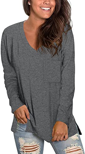 Soft Pajama Tops for Women Long Sleeve Basic Tee Shirts Trendy V Neck Tee Shirts Dark Grey Small