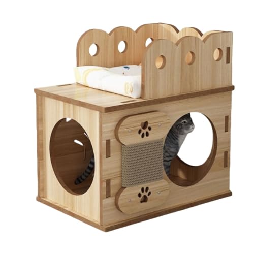 Apaeofl猫ベッド ユニバーサル 猫トンネル 猫の爪とぎボード 猫のおもちゃ 無垢材 猫用穴あけ穴 猫ベッド 小型犬 ペットハウス (ナチュラル,長さ60 幅31 高さ41cm)