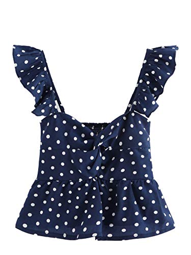 SheIn Women's Sleeveless Twist Knot Polka Dots Ruffle Hem Crop Tank Top Blouses Navy Small