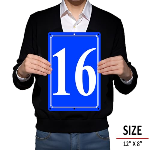 Image of Premium Aluminum Number Signs 16, Metal 12 inch X 8 inch Blue Numbered Signs Outdoor for Parking Lots, Floor, Dock, Court, Aisle, Field, High Visibility, No Fade, Weather-resistant