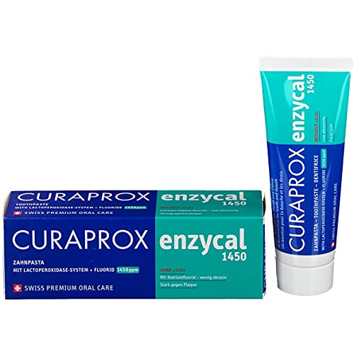 Curaprox Zahnpasta Enzycal 1450, mit 1450 ppm Fluorid, ohne SLS, extra sanft zum Zahnfleisch, 75 ml, 4 Stück (4x 75ml)