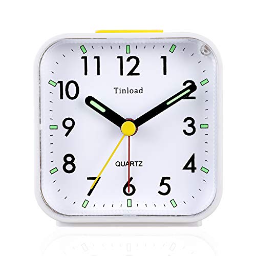 Image of Tinload Small Battery Operated Analog Travel Alarm Clock Silent Non Ticking, Gentle Wake, Ascending Beep Sounds, Snooze,Lighted on Demand, Easy Set(White)