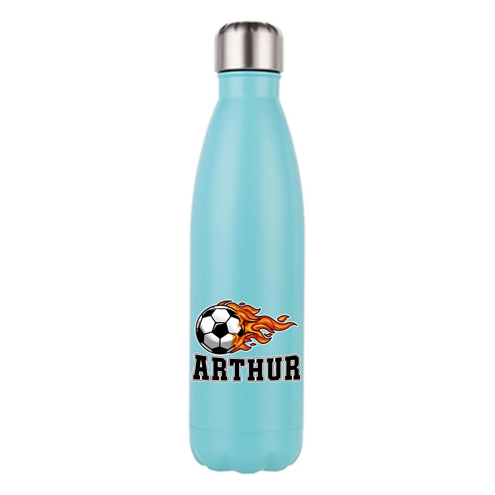 Personalised Sports Accessories, Custom Name Football Flame Design – Gift for Kids, Football Fans - School, Sports, 500 ML Double Walled Insulated Stainless Steel Bottle. (Matt Mint Green)