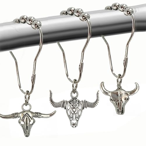 Cow Shower Curtain Hooks, Western Cowboy Shower Curtain Hooks Rings Highland Cow Bathroom Decor Metal Silvery Farmhouse Rustic Farm Decorative Shower Curtain Hooks