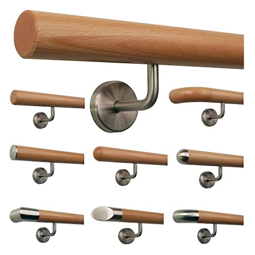 TIBU Main courante en hêtre avec poignée en bois de hêtre - Support en acier inoxydable - Longueur 30 - 500 cm en une seule pièce / variante : 150 cm avec 3 supports biseautés