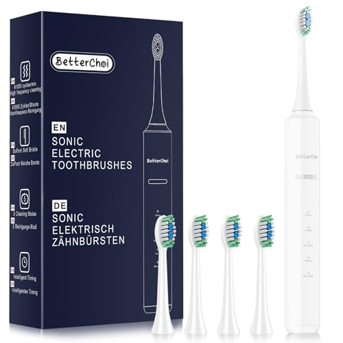 Betterchoi Spazzolino elettrico sonico, motore Maglev da 41.000 VPM, 4 testine, impermeabile IPX7, batteria a lunga durata da 1500 mAh, 5 modalità di pulizia e timer intelligente, bianco