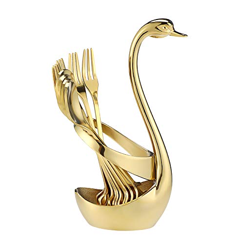 Decorative Swan Base Holder With 10Pcs 4.7’’ Coffee Spoon Set,Ansaw Creative Gold Leaf Dessert Spoons，Premium Food Grade Stainless Steel,Mirror Finish & Dishwasher Safe (Gold Swan Base Holder+10Soopn) #TOP2