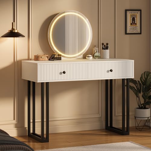 White Vanity Desk with Mirror and Lights, Small Makeup Vanity with 2 Drawers, Modern Vanity Organizer with 3 Color Lights&Adjustable Brightness, Dressing Table for Bedroom