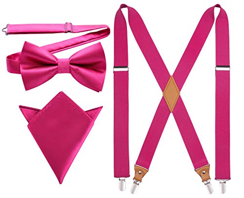 HISDERN Pink Bow Tie and Suspenders for Men Hot Pink Suspenders with Pocket Square Adjustable Elastic X-Back Braces Strong Clips for Wedding Party