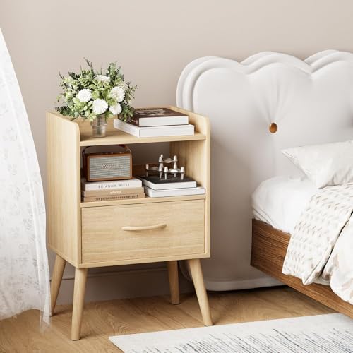 ベッドサイドテーブル ウッドカラー 引き出し2段 ナイトテーブル ベッド横 収納 ナチュラル 40幅x30奥行x62.5高さcm