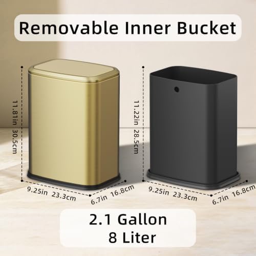 KHMMGK 8L/2.1 Gallon Small Bathroom Trash Can with Lid, Swing-Top Rectangular Waste Bin, Stainless Steel Garbage Can for Home, Office, Toilet, Bedroom, Living-Room (Gold) - 5