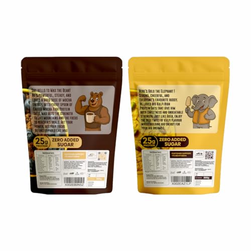 Image of GrowFitz 25g High Protein Oats 800 Gram, Pack of 2 | Coffee Mocha & Kulfi Flavor Combo Breakfast Oatmeal | 17g High Fiber, Almonds, Raisin, Pumpkin, Chia Seeds, Super Rolled Oats | No Added Sugar
