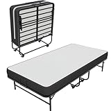 Brinlawb Single Folding Bed with Mattress, 90x200 cm Fold Up Bed with 10 cm Thick Luxurious Mattress Metal Frame, Space Saving Foldable Single Guest Bed with 4 Wheels, for Home & Office