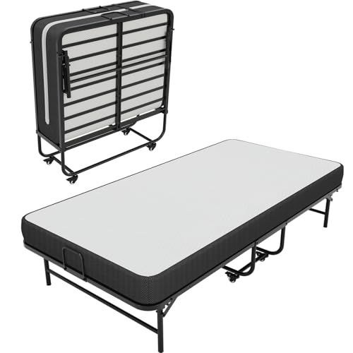 Brinlawb Folding Bed with Mattress, 90x200cm Fold Up Bed with 10 cm Thick Luxurious Mattress Metal Frame, Space Saving Foldable Single Guest Bed with 4 Wheels, Modern, Easy to Assemble