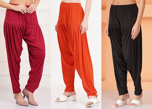 Image of Buy That Trendz Combo Offer (Pack of 3) Cotton Viscose Lycra Dhoti Patiyala Salwar Harem Bottoms Pants for Womens (White, Maroon, Black)