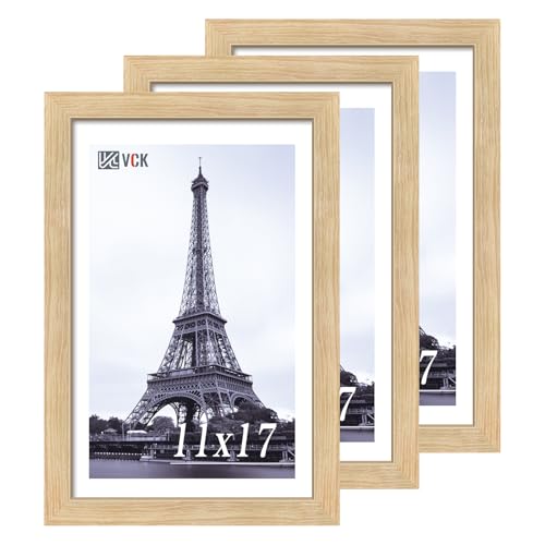 Image of VCK 11x17 Picture Frame Set of 3, Natural Wood Frames, Gallery Wall Decor Photo Frames for Wall Mounting Horizontally or Vertically