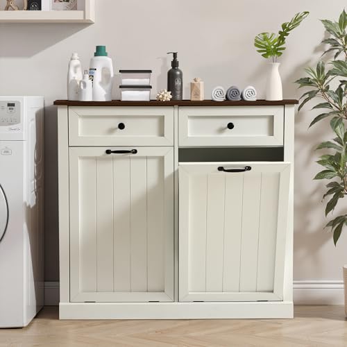 Hervlet Two Tilt Out Laundry Basket Cabinet, Vertical Stripes Trash Can Cabinet with Drawer, Wood Versatile Storage Cabinets for Bathroom, Living Room, Kitchen (White)