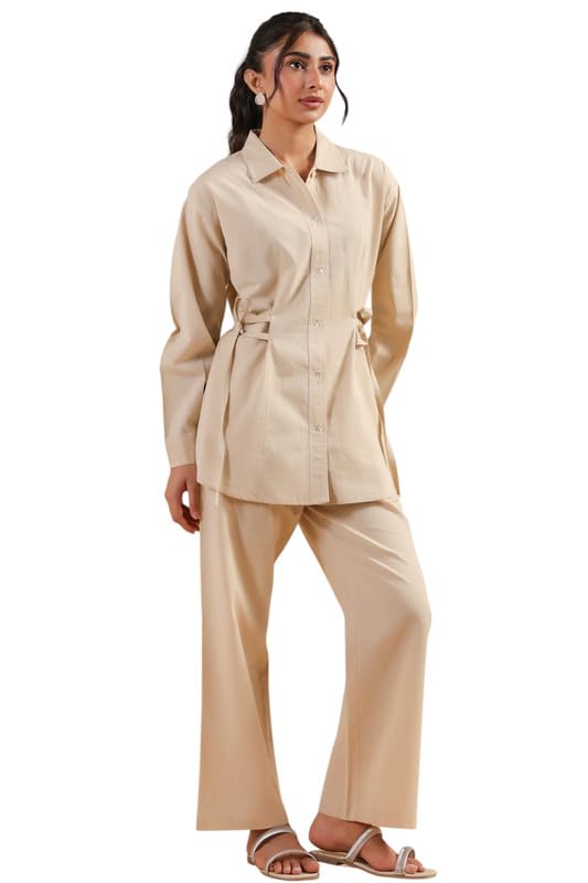 Women's Beige Solid Cotton Co-ord Set-image-22