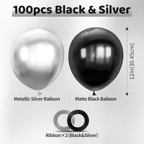 Image of 100pcs Black and Silver Balloons 12 Inch Metallic Silver and Black latex Party Balloons for Birthday Graduation Engagement New Year's Eve Party Decorations