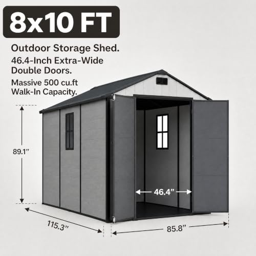 Image of Devoko 8 x 10 FT Resin Storage Shed with Floor, Outdoor Plastic Tool Shed