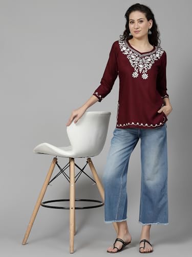 Image of QAZMI Women's Resham Embroidered Kurti |Elegant Design,3 /4 Sleeves, Sweet Heart Neck