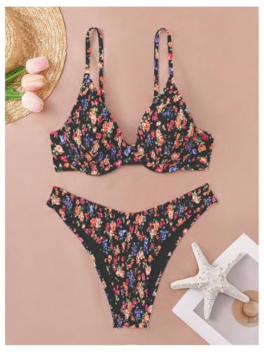 SweatyRocks Women's 2 Piece Bathing Suit Floral Print Tie Back Swimsuit Smocked High Cut Boho Bikini Set4