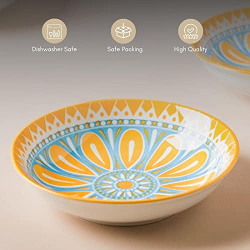 Image of Nestasia Ceramic Round Snack Plate Set of 4 (5.5 Inch Each) - Patterned Dahi Bhalla Plate for Serving Chaat, Halwa, Chakna, & Desserts | Microwave & Dishwasher Safe Small Plate (Blue & Orange)