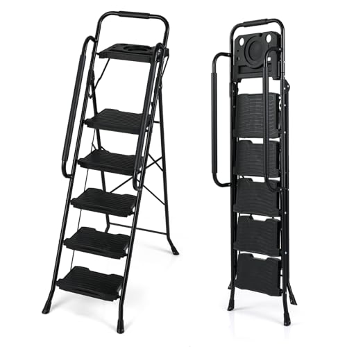 GOPLUS Escabeau Pliable 5 Marches, Échelle Pliante avec Plateau Porte-Outils, Pédale Antidérapante, Poignée en Mousse, Échelle Domestique Portable pour Maison, Jardin, Bureau, Charge 150 kg
