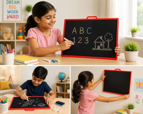 Image of YAJNAS Double Sided Blackboard Slate 12 x 10 Inch | Kids Writing Slate | Reusable Chalkboard | Pre-Writing Learning Toy | Colourful Frame