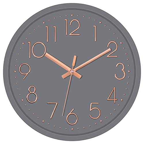 Lumuasky Grey Modern Wall Clock, Silent Non-Ticking Battery Operated Round Rose Gold Decorative Clock For Kitchen Bedroom Living Room Office School (12 Inch) #TOP7