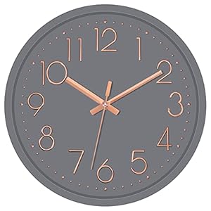 Foxtop Silent Non-Ticking Round Modern Quartz Decorative Battery Operated Wall Clock for Living Room Bedroom Kids Room Office School (Grey Rose Gold, 12 inch)
