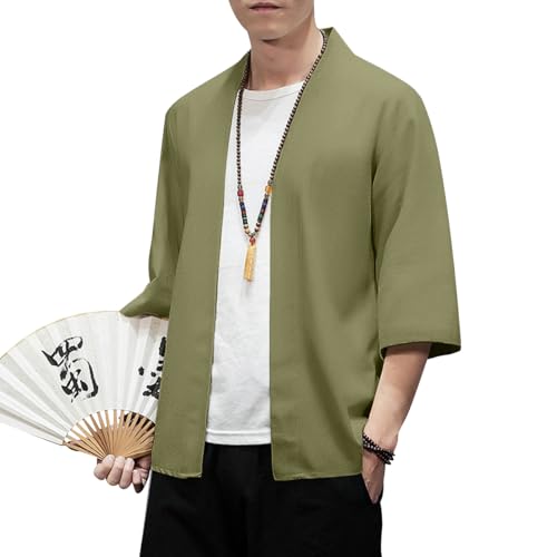 Image of PRIJOUHE Men's Kimono Jackets Cardigan Lightweight Casual Cotton Blends Linen Seven Sleeves Open Front Coat Outwear