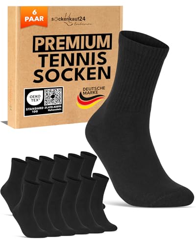 6 Paar Tennissocken Herren 43-46 Schwarz Sportsocken Atmungsaktiv Herrensocken Baumwolle Retro Crew Socken (Schwarz 43-46)