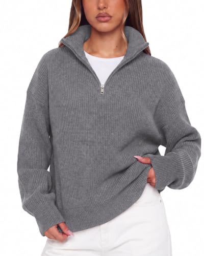 SUUKSESS Women Cashmere Blend Oversized Quarter Zip Pullover Sweater