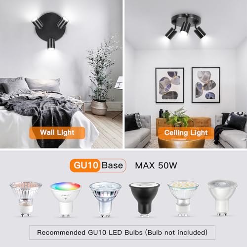 Ceiling Light Rotatable, 3 Way Black GU10 Spotlight Ceiling Lights, Modern Kitchen Lights Ceiling, Round Indoor Spot Light Fittings Industrial for Bedroom Living Room Hallway, Bulb Not Included - Image 4