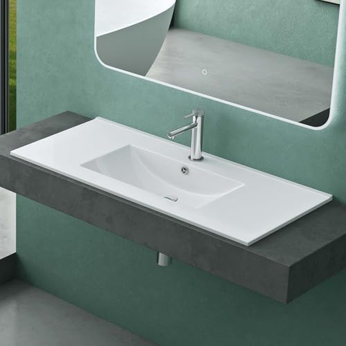 Mai & Mai Lavabo Encastré en Céramique 100cm Blanc Lave Mains Rectangulaire avec Perçage de Robinet et Trop-Plein 101x47x18cm BR912