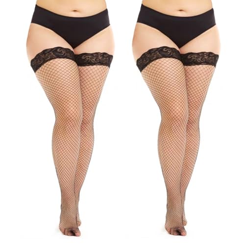 2 Pairs Plus Size Fishnet Stockings for Women,Silicone Lace Thigh High Stockings,Top Sheer Stay Up Lingerie Tights