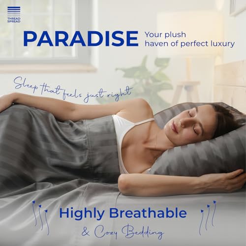 Image of THREAD SPREAD Full Size Bed Sheets, Luxury 1000 Series Paradise Collection 100% Egyptian Cotton Damask Striped Sheets Full Size Set (4 PC, Dark Grey Stripe), Soft 16 inch Deep Pocket Hotel Sheet Set