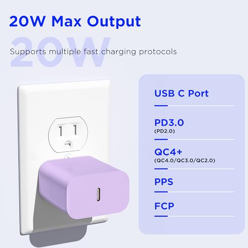 Image of iPhone 17 16 15 Charger Fast Charging,2Pack 20W Apple iPad USB C Wall Chrager Block with 6FT USB C to C Cable for iPhone 17 /Pro /Pro Max /17 Air / 16 /16 Pro /16 Pro Max /15 /Plus /Pro /Pro Max (Purple)
