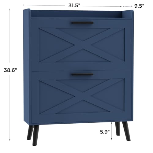 Image of Homleke Farmhouse Shoe Storage Cabinet with Flip Drawers & Barn Door Design | Slim Narrow Shoe Rack Cabinet with Adjustable Shelves & Hidden Storage for Entryway, Foyer, Hallway, Living Room, Blue