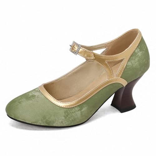 Alyaafifa Kitten Heel Round Toe Pumps for Women Comfortable Ankle Strap Closed Toe High Heel Mary Janes Leather Suede Dress Shoes Office Working Party Event Wedding Prom
