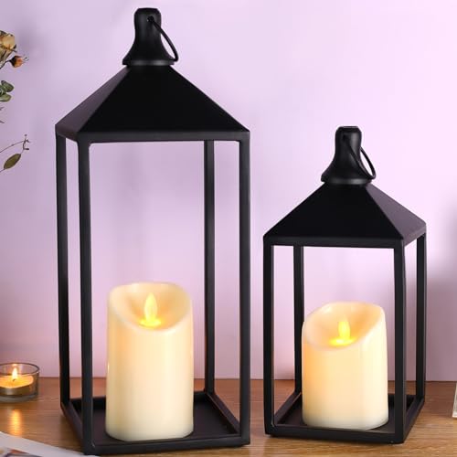 MATAHUM 2pcs Farmhouse Lantern Decor with LED Flickering Flameless Candles - Black Metal Lanterns Decorative for Home Decor, Fireplace Mantle or Table Centerpiece, Halloween Christmas Lantern Decor
